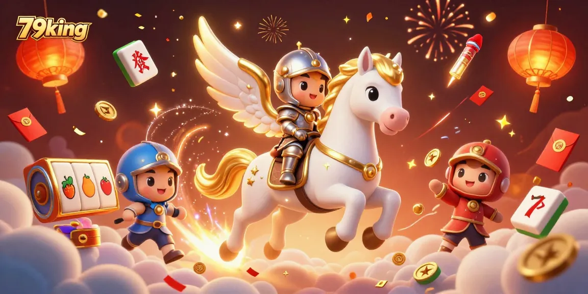 Experience thrilling gameplay with 79king, featuring a celestial knight on a magical horse amidst vibrant casino elements.