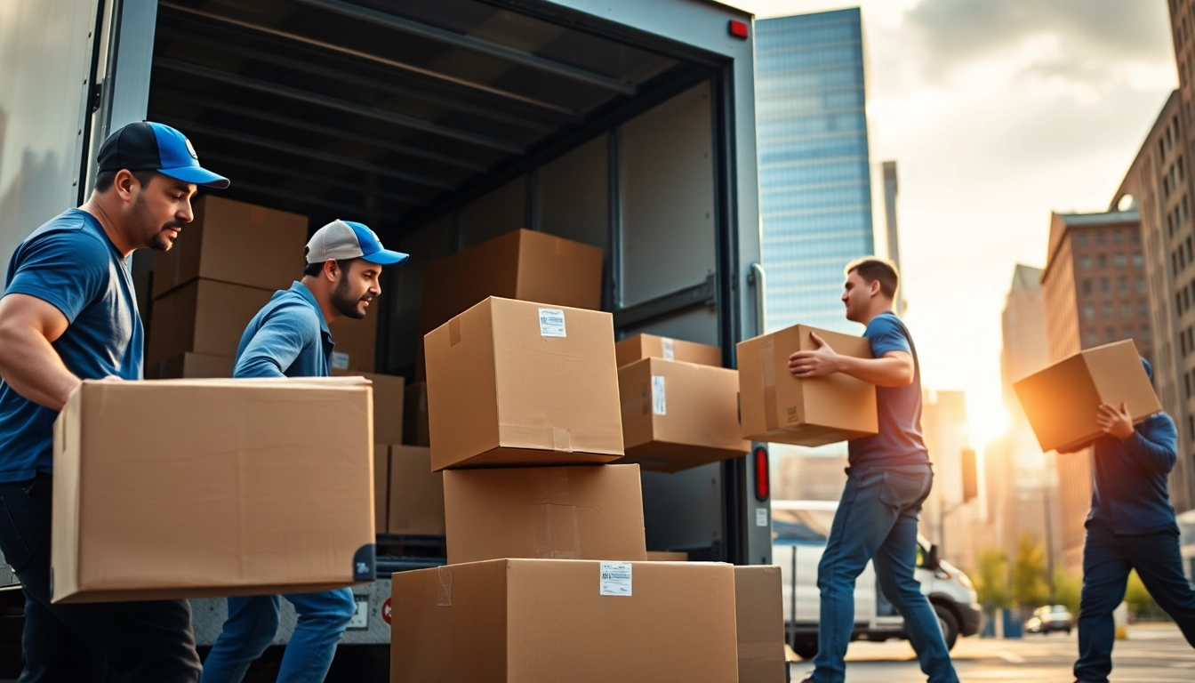 Local movers boston packing boxes into a moving truck in urban Boston.