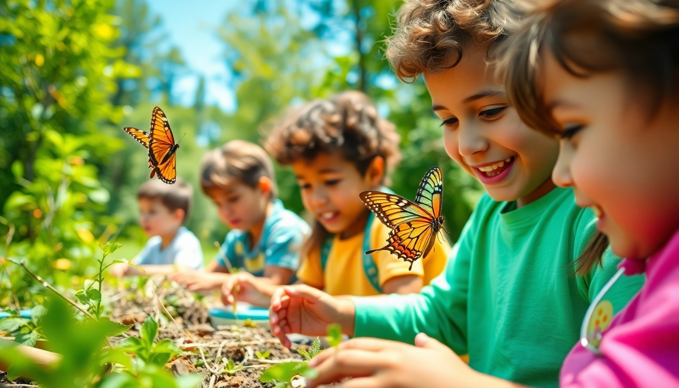 Children engaging in activities at a science and nature camp, learning and exploring outdoors.