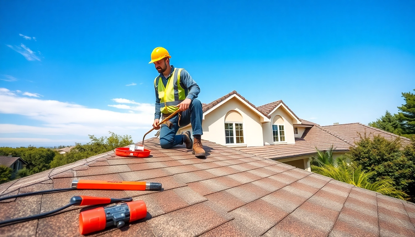 Roof repair technician expertly fixing shingles on a residential roof.