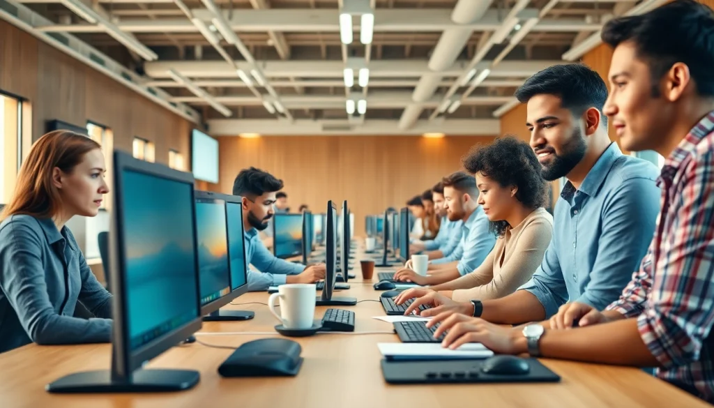 Engaged individuals at a typing center, showcasing productivity in a collaborative workspace.