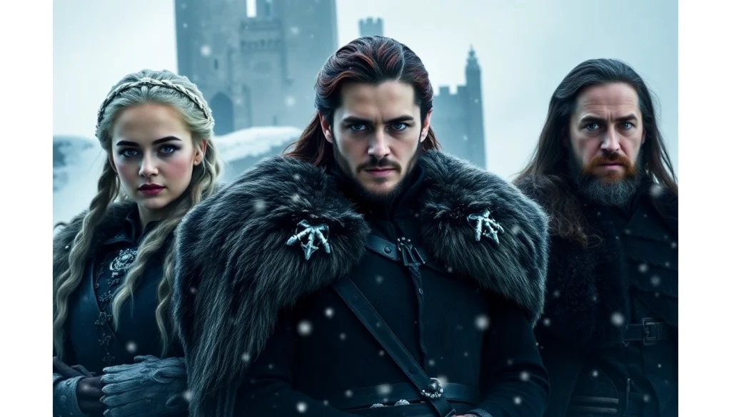 Group of leading characters from the game of thrones cast showcasing their iconic outfits.