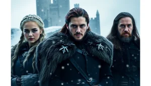 Group of leading characters from the game of thrones cast showcasing their iconic outfits.