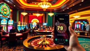 Experience the thrill of casino gaming at 79king hn, showcasing players at poker tables and vibrant slot machines.