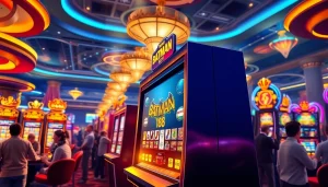 Bermain di batman138 slot dengan mesin yang bersinar dan ramai pengunjung casino.