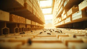 Detalle de cuadros de colmena con abejas trabajando en un entorno natural y organizado.