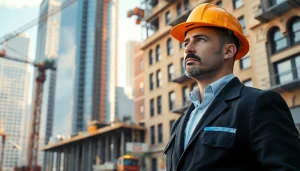 Skilled New York General Contractor overseeing a busy construction site with city buildings in the background.