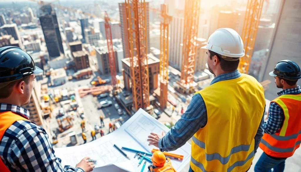 New York Construction Manager overseeing a busy construction site ensuring project success.