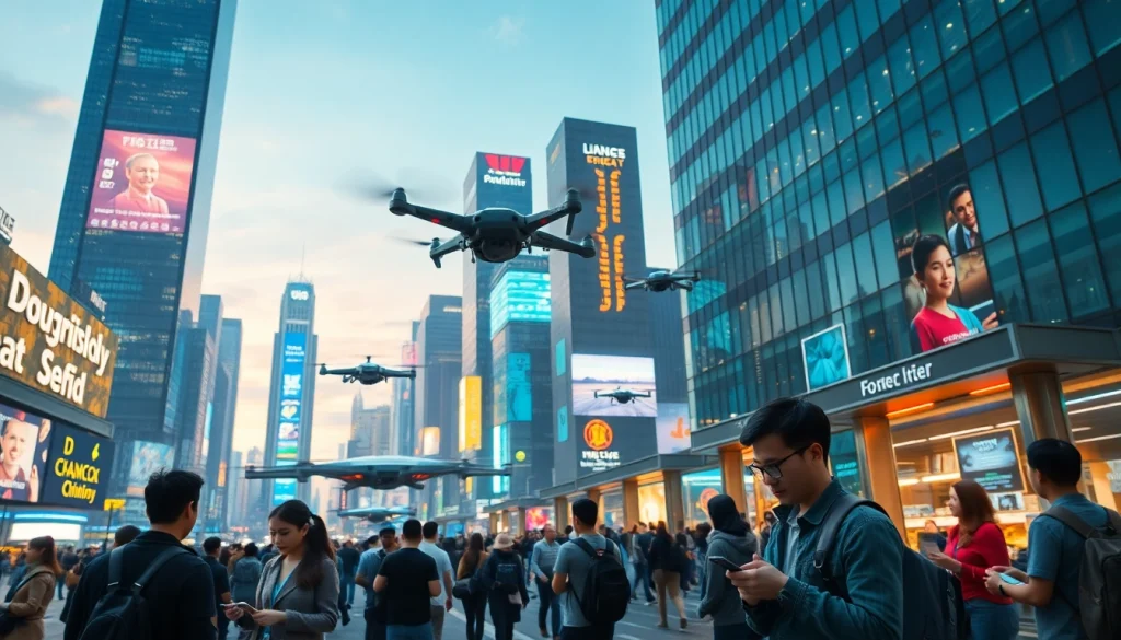 Engaging with innovative Technology in a vibrant urban landscape filled with digital displays.