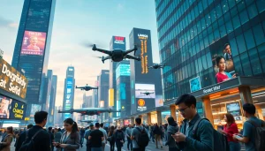 Engaging with innovative Technology in a vibrant urban landscape filled with digital displays.