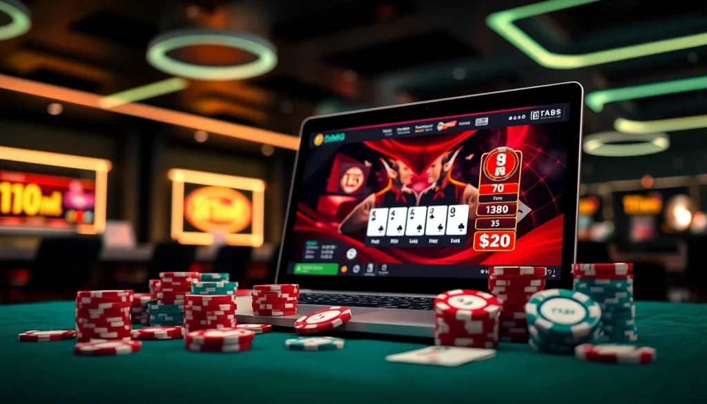 Menampilkan domino88 link alternatif game pada layar laptop dikelilingi chip poker dan kartu.