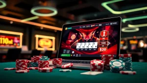 Menampilkan domino88 link alternatif game pada layar laptop dikelilingi chip poker dan kartu.