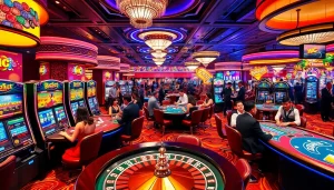 Casino gaming scene featuring KJC brand elements, showcasing vibrant tables and exciting players.