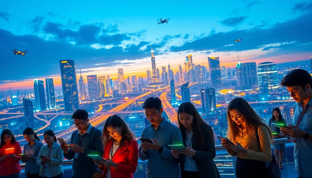 Showcasing technology, diverse individuals engage with devices against a futuristic smart city backdrop.