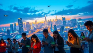 Showcasing technology, diverse individuals engage with devices against a futuristic smart city backdrop.