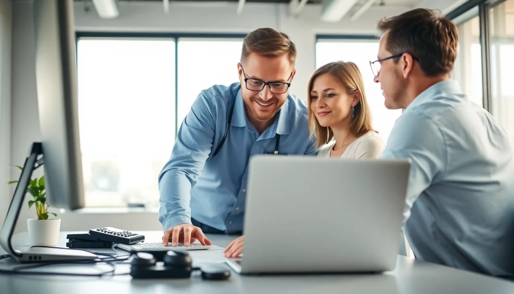 Provide expert computer help near me with a technician assisting a client in a modern office.