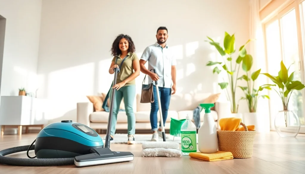 Cleaning Service professionals diligently cleaning a bright living room with eco-friendly products.