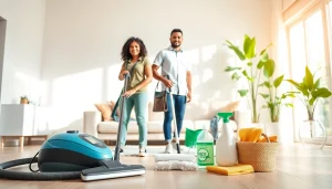 Cleaning Service professionals diligently cleaning a bright living room with eco-friendly products.