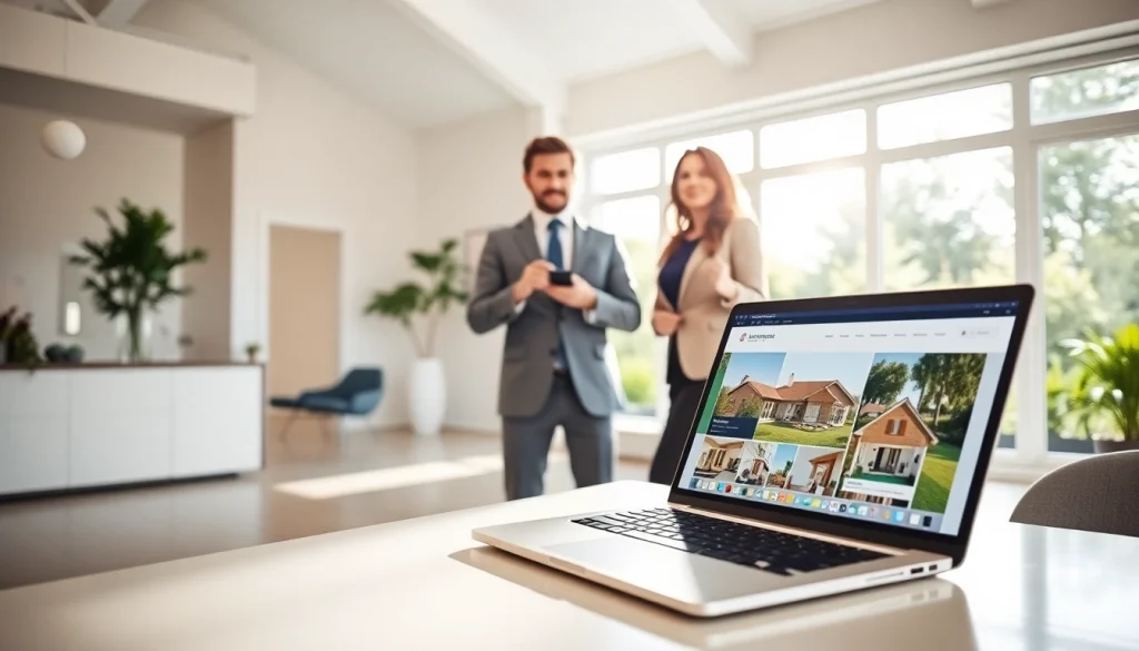 Real Estate agent presenting a modern home with bright natural lighting and engaging atmosphere.