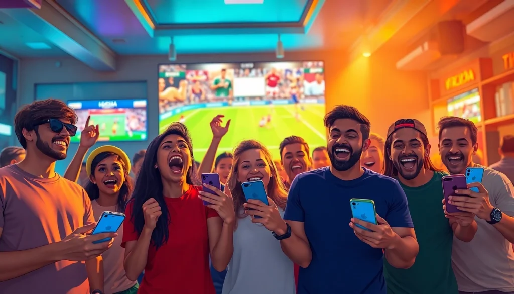 Cheerful group engaging with the best sports betting sites in Mexico in a lively atmosphere.