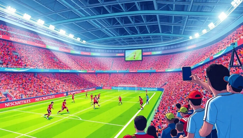 스포츠중계 중의 관중과 선수들이 생동감 넘치는 경기 장면을 보여줌