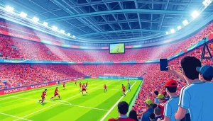 스포츠중계 중의 관중과 선수들이 생동감 넘치는 경기 장면을 보여줌