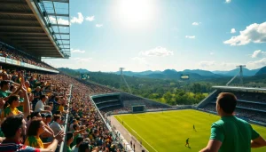 Engaged fans celebrating an exhilarating sports betting moment in Brazil's lively stadium.
