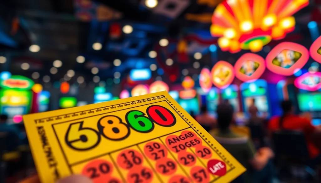 Memenangkan angka togel dengan tiket berwarna cerah di latar belakang permainan yang ramai.