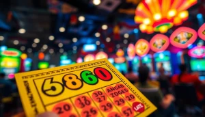 Memenangkan angka togel dengan tiket berwarna cerah di latar belakang permainan yang ramai.