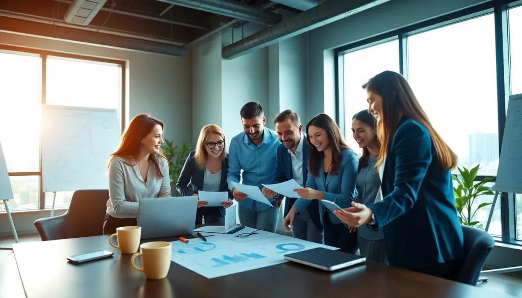 Collaborative workspace at https://fhpts.com with a diverse team brainstorming ideas.