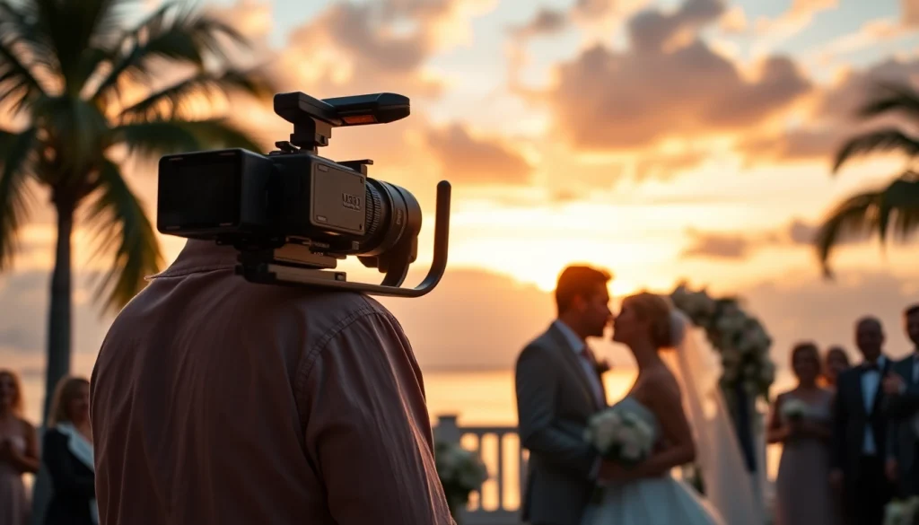 Wedding videographer in Tampa capturing a romantic outdoor ceremony at sunset, showcasing love and celebration.