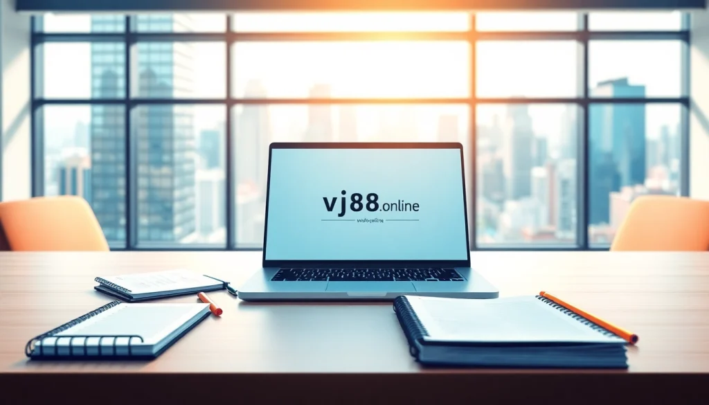 View of a digital workspace featuring tools, with the website https://vj88.online/ displayed prominently on a laptop.