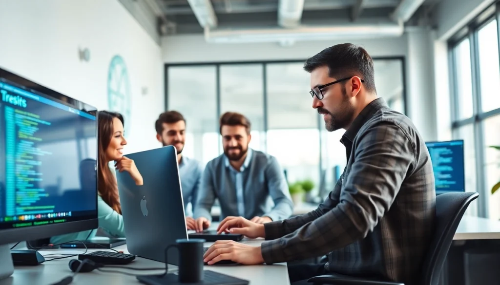 Showcasing teamwork in wordpress development outsourcing with developers collaborating in a vibrant office.