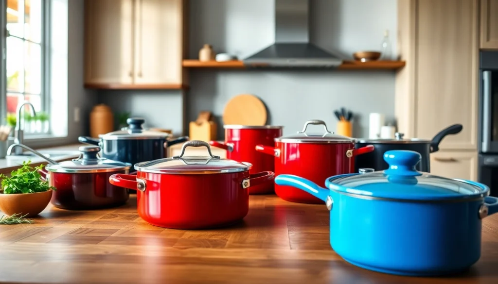 Shop premium cookware at this cookware shop Auckland featuring vibrant pots and pans.