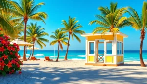 Relaxing scene of coastal cabana beachfront with palm trees and sunlit ocean.