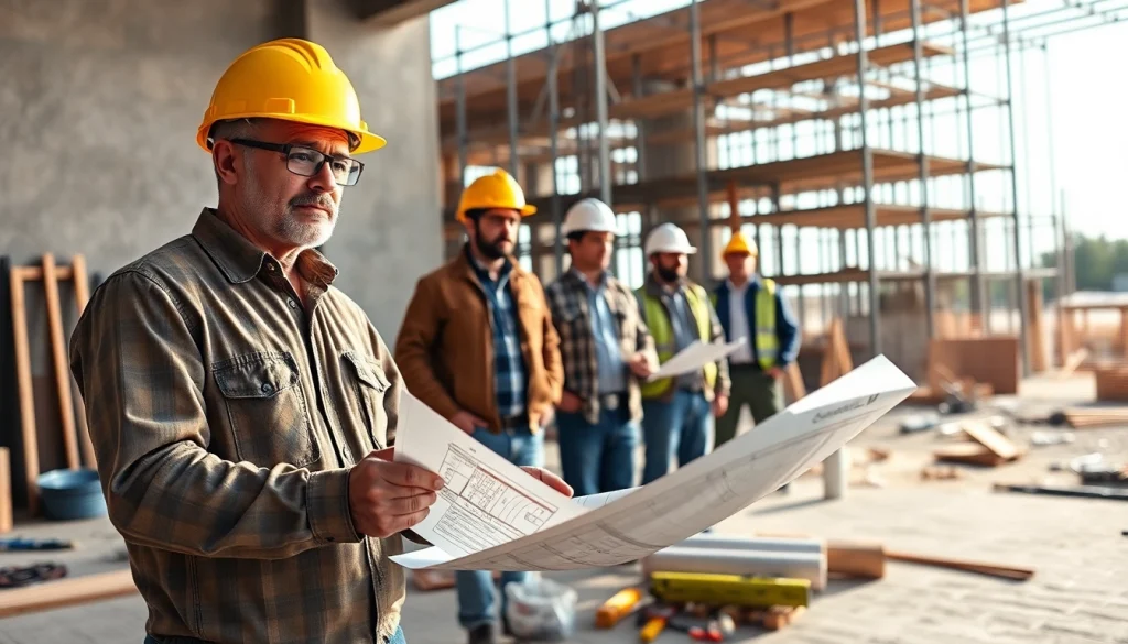 New Jersey General Contractor overseeing a construction project with blueprints and teamwork.