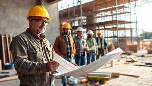 New Jersey General Contractor overseeing a construction project with blueprints and teamwork.