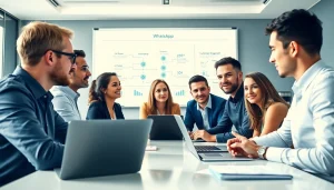 Teams strategizing the implementation of whatsapp business api in an engaging conference room.