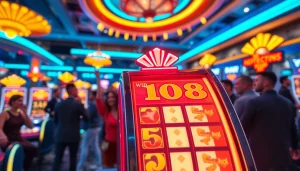 Permainan bro138 slot yang menarik dengan lampu berkilau di kasino penuh semangat.