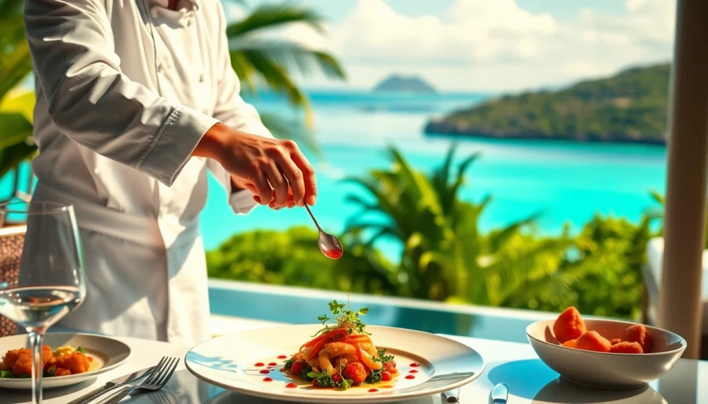 Private chef St Martin crafting a gourmet dish in a luxurious villa setting by the sea.
