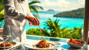 Private chef St Martin crafting a gourmet dish in a luxurious villa setting by the sea.
