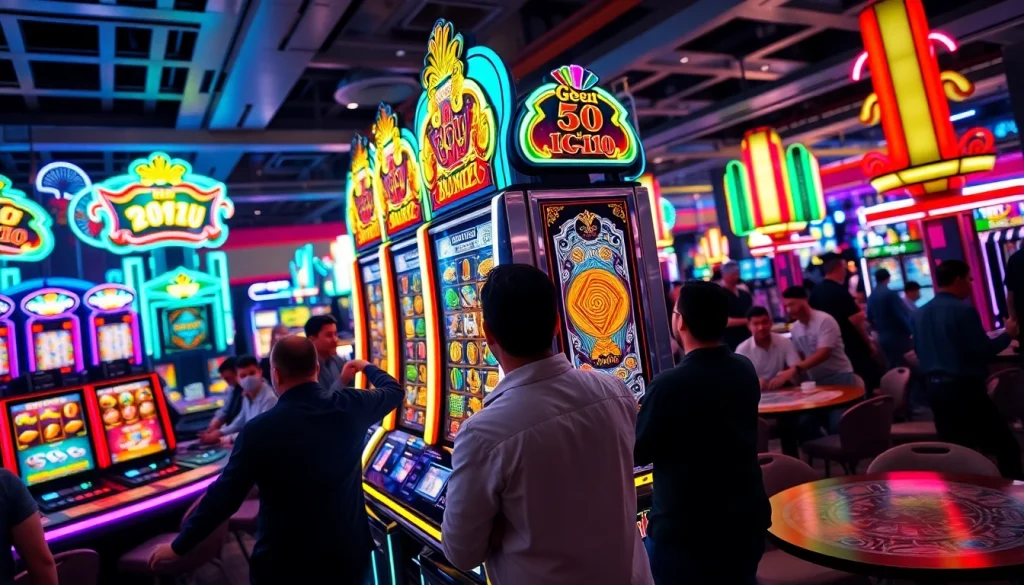 Permainan slot bolahiu slot dengan pemain bersemangat di kasino yang ramai.