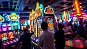 Permainan slot bolahiu slot dengan pemain bersemangat di kasino yang ramai.