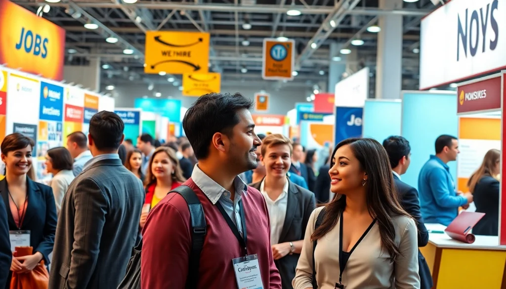 Job seekers exploring new hire jobs at a lively recruitment fair, interacting with recruiters.