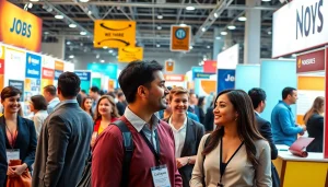 Job seekers exploring new hire jobs at a lively recruitment fair, interacting with recruiters.