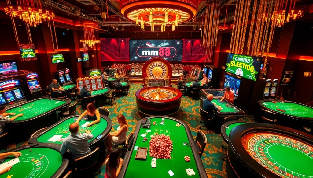 Experience mm88 excitement with players at vibrant casino tables, rolling dice, and spinning slot machines.