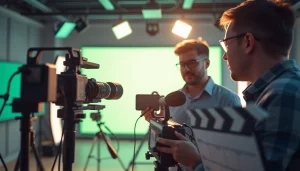 Capture of a professional team engaged in corporate video production toronto with advanced equipment in a modern studio.