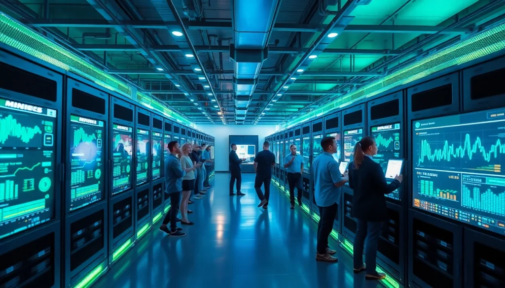 Advanced bitcoin cloud mining facility with professionals and high-tech mining rigs.