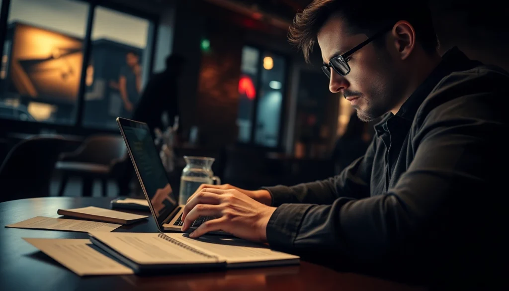 Action thriller author immersed in writing a suspenseful scene in a dimly-lit café.