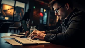 Action thriller author immersed in writing a suspenseful scene in a dimly-lit café.